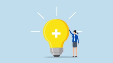 Pozitif düşünce, iş kadınının pozitif işaretli parlak ampul fikriyle 4k animasyonu.