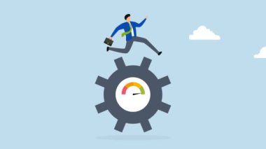 İş performans değerlendirmesi, azimli iş adamının 4k animasyonu. Ölçülü dişlileri döndürmek için tam hızla koşuyor..