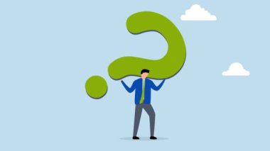 Cevabı olmayan zor bir soru, hayal kırıklığına uğramış ve ağır bir soru işareti taşıyan iş adamının 4k animasyonu..