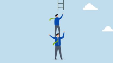 İş hayatında başarı elde etmek için akıl hocası, iş ortağının 4k animasyonu, meslektaşlarına başarı basamaklarını tırmanmada destek veriyor.