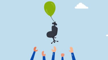 Aday koltuğu kapıyor, adayların 4k animasyonu havada uçan bir ofis sandalyesini balonla yakalamaya çalışıyor..