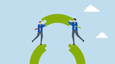 Takım çalışması ve ortaklık takım başarısına ulaşmada yardımcı oluyor, iş adamlarının 4k animasyonu yapboz bağlantı köprüsü yapımında çalışıyor.