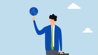 Küresel iş dünyası ya da dünya ekonomisi, güçlü parmaklarıyla dünyayı değiştiren iş adamlarının 4k animasyonu.