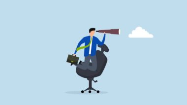 Kariyer geleceği, teleskoplu bir işadamının 4k animasyonu geleceği ve geleceği görmek için bir masaya oturması..