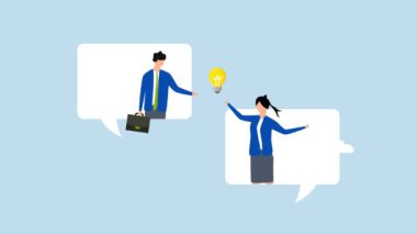 4k, animasyon, iş iletişimi, iş arkadaşının 4k animasyonu sohbet balonunda duruyor ve yeni fikirler hakkında konuşuyor.