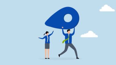 4k animasyonunda iş adamları ve iş kadınları yeni hedefe doğru koşan bir adres etiketi taşıyorlar.