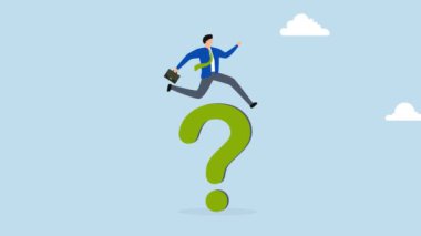 İş sorununu çözmek için çözüm, iş adamının 4k animasyonu büyük soru işaretinin üzerinden atladı.