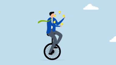 Yaratıcılık ve fikirler, tek tekerlekli bisiklet süren kurnaz iş adamının 4k animasyonu ampul lambası metaforu..