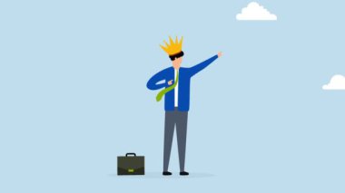 Başarılı iş adamı kralı başarısı ile gurur duyuyor, 4k animasyonu gökyüzünü gösteren kraliyet tacını takan neşeli iş adamı.