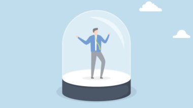 Büyüme olmadan iş durgunluğu, depresif iş adamının küçük cam kubbe ile hapishaneye 4k animasyonu.