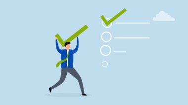 Tamamlanmış görevler için kontrol listesi, büyük kene taşıyan işadamlarının 4k animasyonu tamamlanmış projeyi doğru yola koydu.