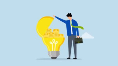 Para yapma fikri, iş adamının 4k animasyonu ampul fikrini açtı ve madeni para kazanan bir bileşik buldu..