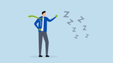 Tembellik ve tembellik, uykusuzluk sembolüyle savaşmak için kahve içen ve boks eldiveni giyen uyanık iş adamının 4k animasyonu..