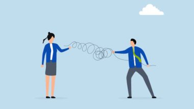 İş danışmanı ve işletme yöneticisinin 4k animasyonu müşteri yorumlarını dinleyerek sorunun çözümüne yardımcı oluyor.