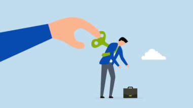 Yorgun çalışan şarj edildi, müdürün 4k animasyonu. Büyük el, iş adamını motive etmek için anahtarı ya da pencereyi çevir..