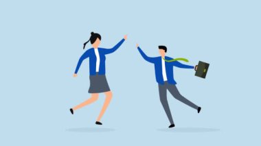 Takım başarısı kazananlar, mutlu iş adamı ve kadın takım arkadaşlarının 4k animasyonu atlama ve el çırpma..