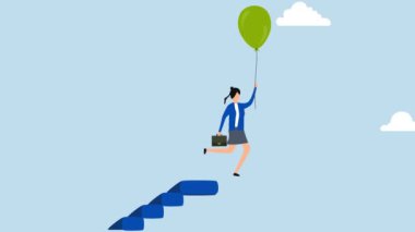 Mücadelenin üstesinden gelmek için kadın liderliği, merdivenlerin tepesinden uçan başarılı iş kadınının 4k animasyonu.