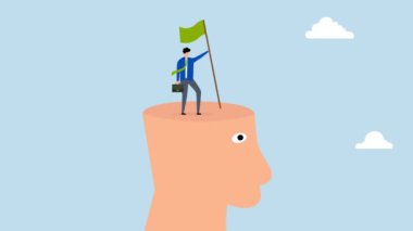 Başarı zihniyeti, iş adamının kafasının tepesine tırmanmasının 4k animasyonu elinde bir iş amacıyla bayrak kazanması..