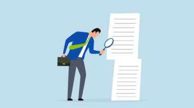 Belge kontrolü, iş adamı yöneticisinin büyük büyüteçle 4k animasyonu, belge kağıdı kontrolü.