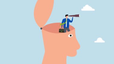 Gelecekteki fırsatları görebilmek için net iş vizyonu, dürbünle iş adamının 4k animasyonu bulutlu fırtınanın üstünde kafasını açıyor..