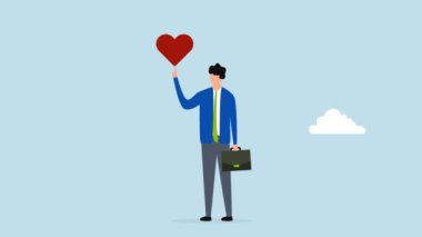 Kariyer başarısını motive etmek için çalışma tutkusu tutkulu kalp şeklinde işe yürüyerek giden mutlu iş adamının 4k animasyonu..