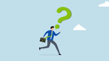 İş dünyasına soru sorulduğunda, iş adamının 4k animasyonu konuşma baloncuğu soru işareti işareti ile yüksek sesle konuşuluyor.