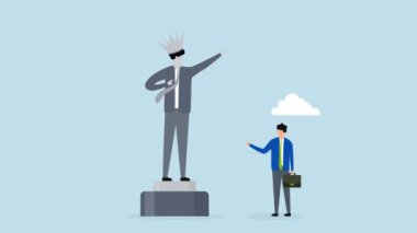 Ego, kendini beğenmiş, iş adamının 4k animasyonu kendi başarısının heykeline bakar ve egosunu düşünür..