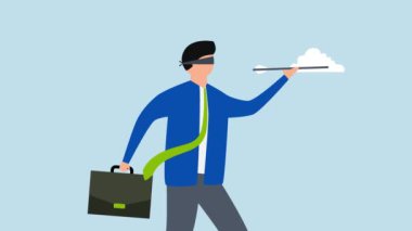 Kör iş görüşü, kafası karışmış iş adamının gözleri bağlı dart okunun 4k animasyonu..