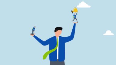 Sosyal karşılaştırma kaygısı, üzgün depresif adamın 4k animasyonu mağlup meslektaşıyla karşılaştırıldığında el ele duruyor.