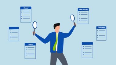 İş arama, iş adamının iki elinde büyüteç kullanarak 4k animasyonu ve yeni kariyer arayışı..