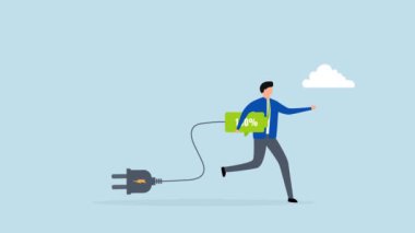 Enerji dolu, motive olmuş iş adamının 4k animasyonu başarı için savaşmaya hazır şarjlı bataryayı taşıyor..