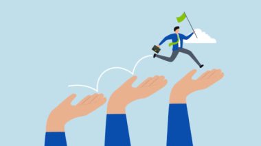 Çalışanların başarıya ulaşmasına yardımcı olmak için, iş adamlarının 4k animasyonu dev el merdiveni ile hedefe doğru yükseliyor..