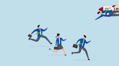 Oyun değiştirici, diğer rakiplerden farklı yönlere roket sırtında uçan iş adamlarının 4k animasyonu.