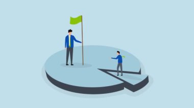 İş kazanan pazar payı, başarılı girişimci işadamının 4k animasyonu turta tahtasında duran rakiplerini mağlup eden bayrağı.