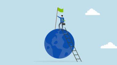 Kazanan dünya, başarılı iş adamının 4k animasyonu merdiveni tırmanıyor ve elinde dünya bayrağını tutuyor.