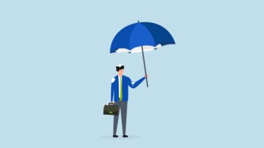 Business disaster, drenched 4k animation of businessman standing wet under an umbrella on rainy day.