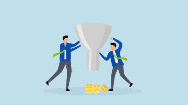 Satış hunisi, alışveriş nakit akışı hunisi ile iş pazarlamacısının 4k animasyonu.