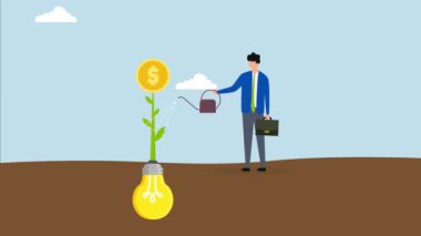 Para kazandıran fikir, iş adamlarının ampul fikrinden para yetiştiren bitkileri sulamasının 4k animasyonu.