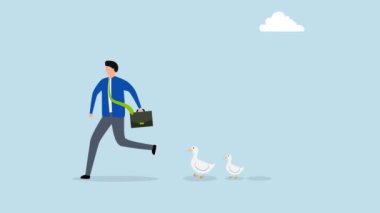 Lider olarak, iş adamının 4k animasyonu ilerler, ardından ördek yavruları gelir..