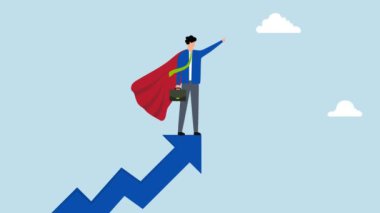 Başarılı liderlik iş büyütme stratejisi, 4k animasyon güçlü kırmızı pelerinli süper kahraman büyüyen ok.