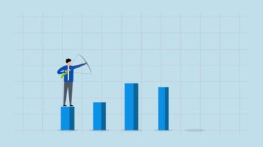 Daha yüksek hedeflere ulaşmak için iş mücadelesi, ok ve yayıyla yüksek getirileri hedefleyen iş adamlarının 4k animasyonu.