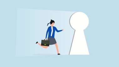 Hayat değiştiren fırsatlar, umut dolu iş kadınının 4k animasyonu parlak bir kapının deliğinden içeri giriyor..