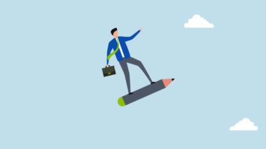 Yaratıcılık fikri, 4k animasyonunda kurşun kalemle gökyüzüne doğru uçan bir iş adamının öncülüğünü yapıyor..