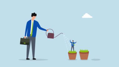 Yetenek geliştirme, iş adamı yöneticisinin 4k animasyonu. Büyüme yeteneğine sahip personeli sulamak. Bir saksının içinde büyüyen..