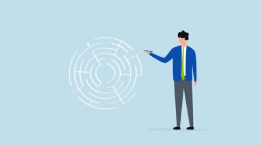 İş sorununu çözen çözüm, iş adamının 4k animasyonu labirent sorununa çözüm bulmak için çizgiler çizdi.