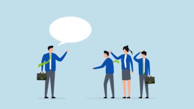 Hüsrana uğramış iş patronunun 4k animasyonu, karışık labirent konuşma balonunu takım üyelerine açıklıyor..