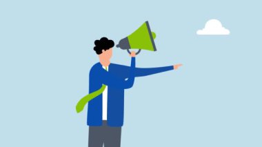 Müdür Otoritesi, iş adamlarının 4k animasyonu bir megafona emir yağdırıp parmağını doğrultuyor..