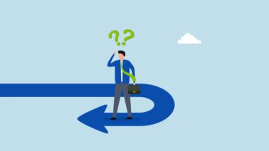 İşletme dönüm noktası, iş adamı animasyonu ters yöne bakıyor..