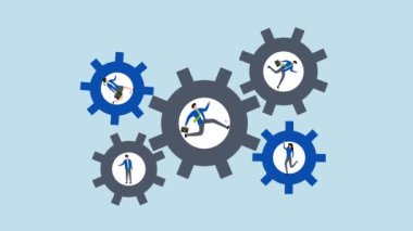 İşletme hedefine ulaşmak için takım çalışması, iş adamı ve dişli çalışan kadının 4k animasyonu işlerini yapmak için senkronize edildi.