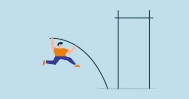 İş başarısının 4k animasyonu. Başarılı işadamı lideri sırıkla atlıyor.